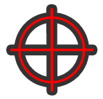 A red crosshair between the bags.